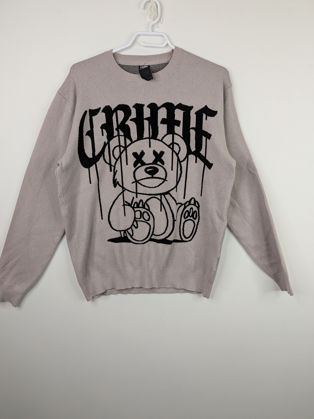 Crinkle Bear Graphic Crewneck Sweater - Taupe/Black
